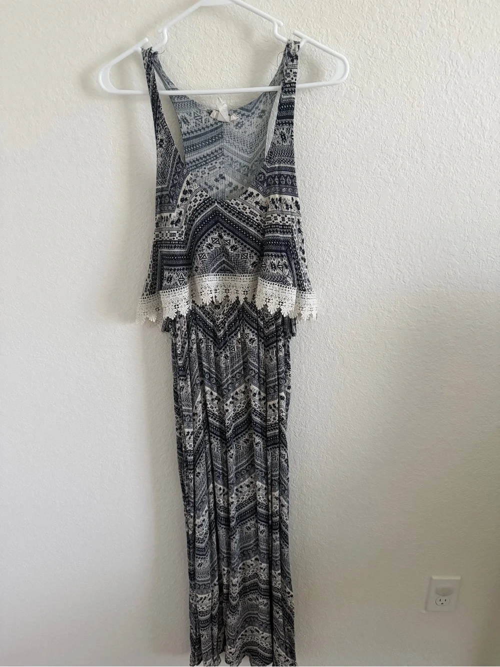 Bohemian Navy & White Maxi Dress with Crochet Trim - Picture 1 of 4